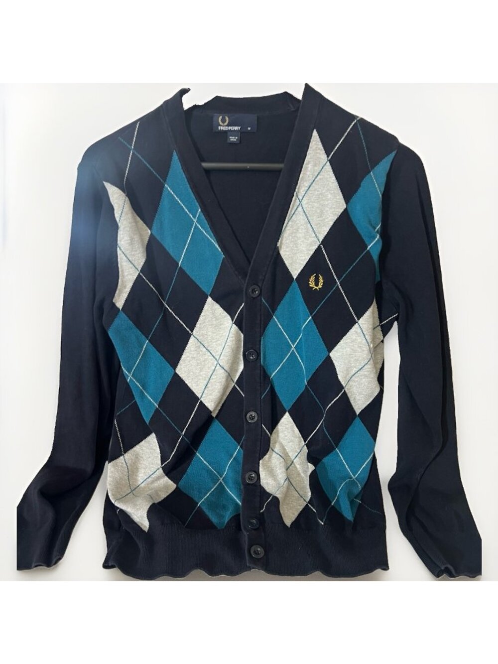 Fred Perry Men’s Argyle Cardigan Sweater Jumper M Blue Cotton Knit     Q